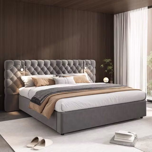 Letto contenitore matrimoniale 180 × 200 cm, luce da lettura e testiera imbottita, senza materasso, velluto grigio