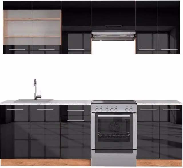 Cucina componibile moderna Vicco Fame-Line in antracite lucido e rovere dorato, L: 240 cm