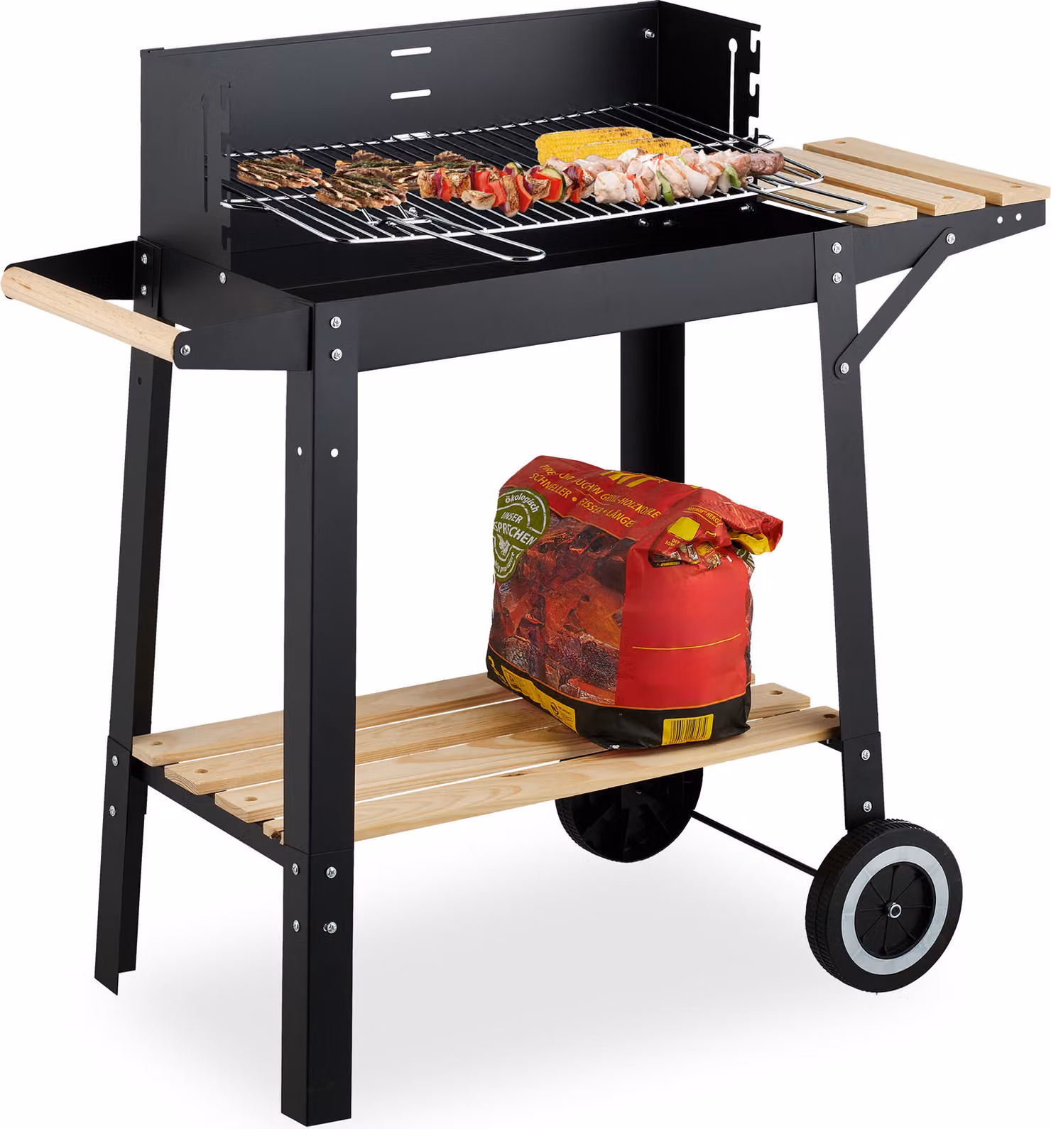 Barbecue Relaxdays con ruote, 2 ripiani, griglia regolabile in altezza, paravento, carrello barbecue L x P x A: 80,5 x 86 x 42 cm, nero
