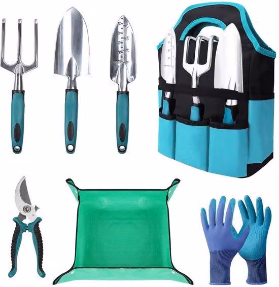 Set di attrezzi da giardino in alluminio leggero, verde scuro, 7 pezzi