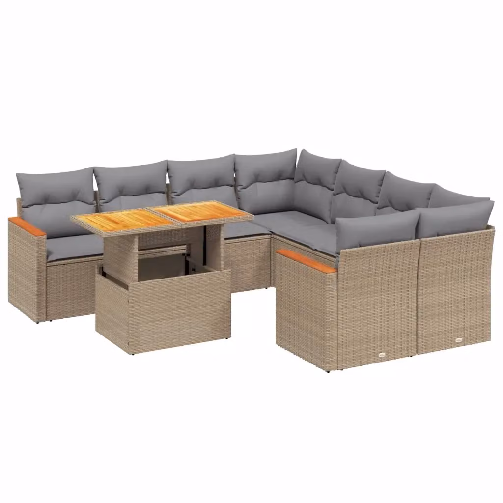 vidaXL Set Divano da Giardino a L 9 pz in Polyrattan con Cuscini Beige e Tavolino – 2
