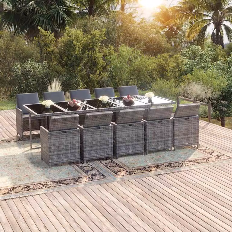 Set Pranzo da Giardino vidaXL 11 pz in Polyrattan Grigio con Tavolo in Vetro e Cuscini