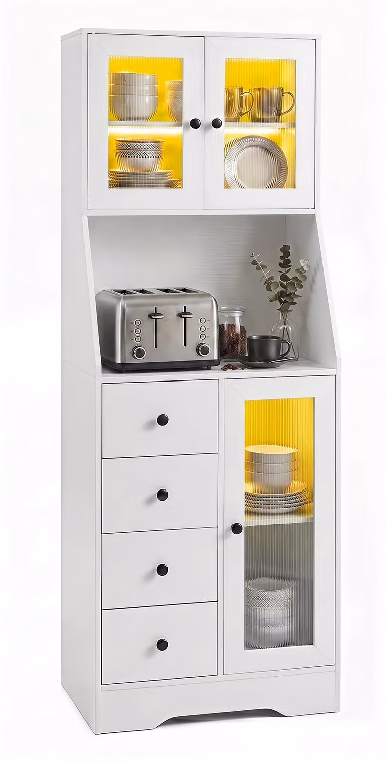 COSTWAY, mobile da cucina da 163 cm con piano di lavoro e illuminazione a LED, mobiletto buffet con 4 cassetti e 3 ante, dispensa da cucina in legno, mobiletto alto