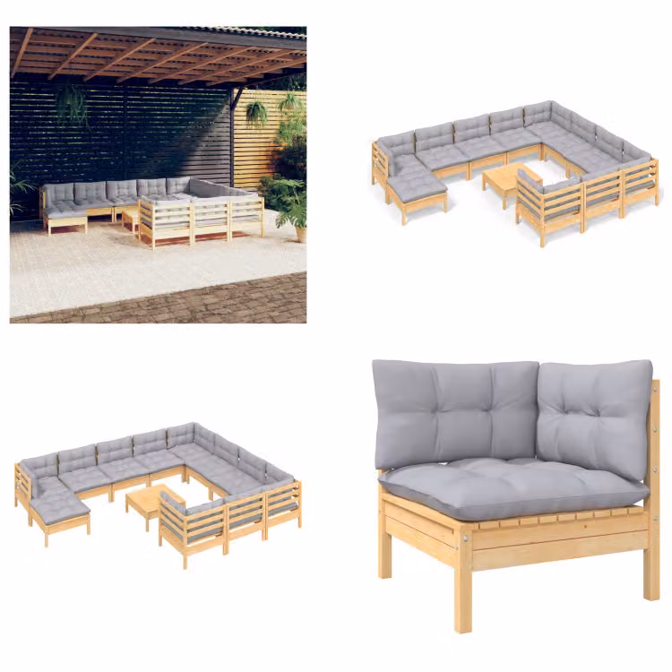 vidaXL 12 pezzi set salotto da giardino con cuscini grigi in legno di pino - Set salotto da giardino - Set salotto da giardino - Set mobili da giardino - Set mobili da giardino