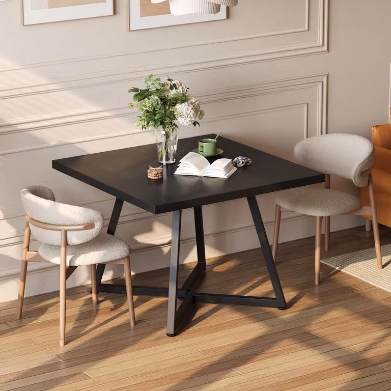Tavolo da pranzo quadrato, 80x80 cm, aspetto legno, struttura in metallo nero, per 4 persone