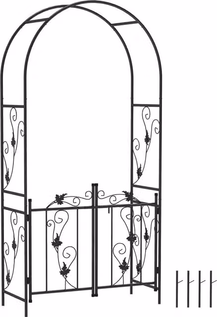 Arco da giardino Outsunny con cancello e traliccio per piante rampicanti in metallo, Nero, H: 220 cm, L: 200 cm
