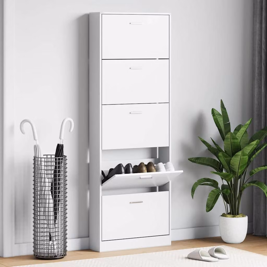 Scarpiera moderna vidaXL in legno bianca con scomparti basculanti da appendere al muro L/P/H: 59 x 17 x 169 cm