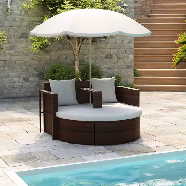 Lettino da Giardino con Ombrellone Marrone in Polyrattan 40734