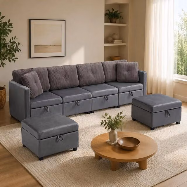 Divano modulare a U 261.0x132.5x85.0 cm con contenitore 6 posti in velluto e corduroy grigio antico