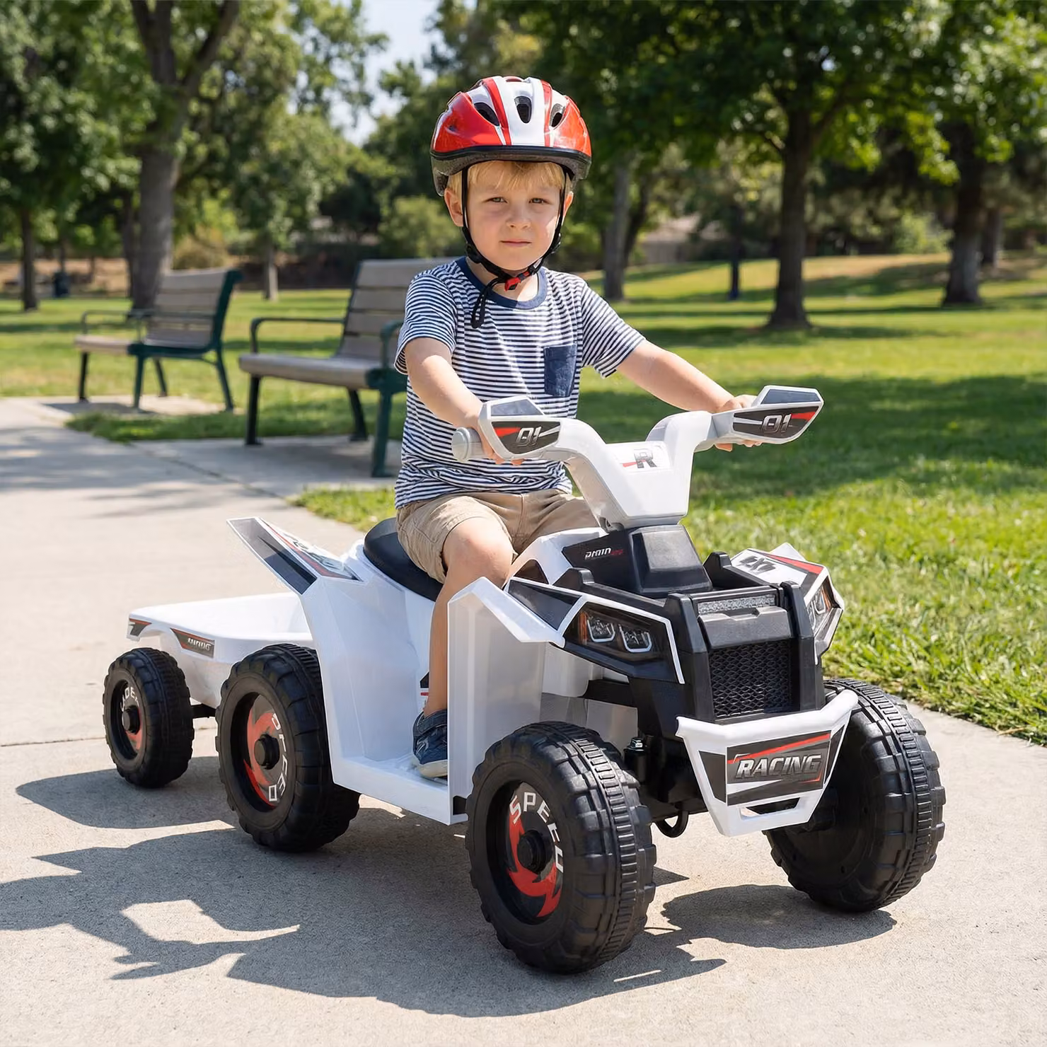 Quad ATV elettrico Costway con rimorchio posteriore e ruote antiusura per bambini dai 3 anni in bianco