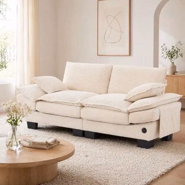 Divano 2 posti in corduroy beige con USB-C e tasche laterali; 190x73x84 cm