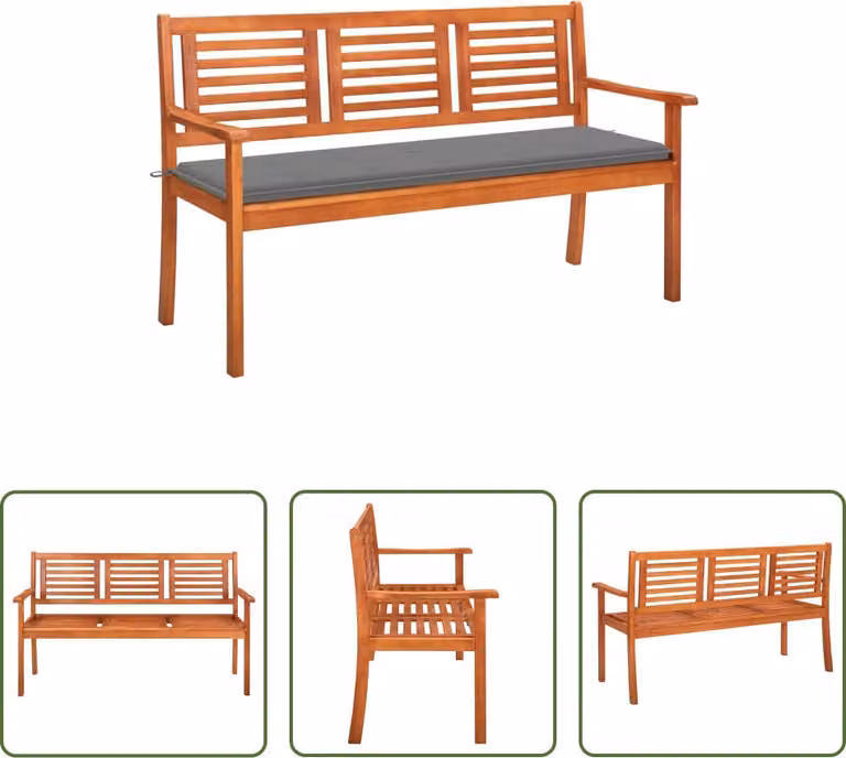The Living Store Panca da giardino a 3 posti con cuscino 150 cm in legno massiccio eucalipto