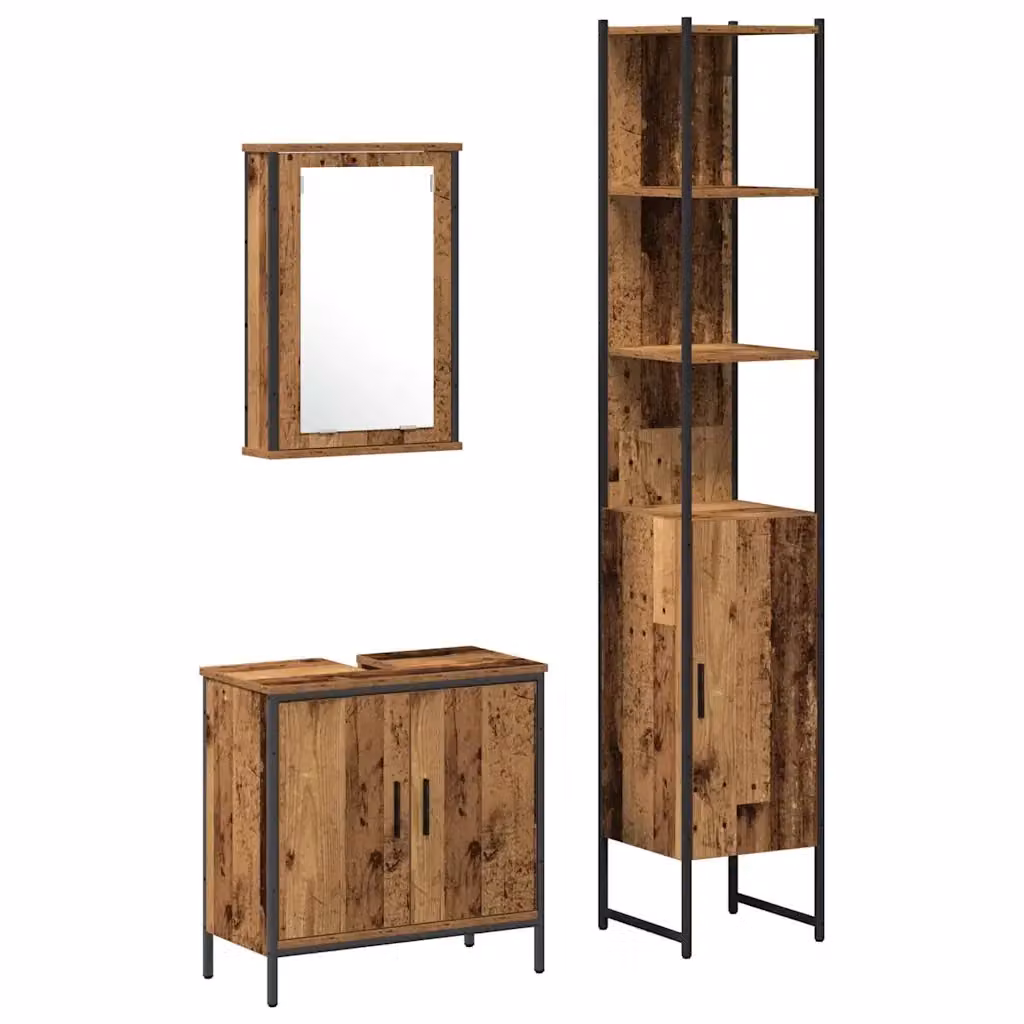 Set di mobili per il bagno vidaXL in legno marrone e nero composto da armadietto con specchio, mobile lavabo e colonna alta con design minimalista e montaggio a parete – 2