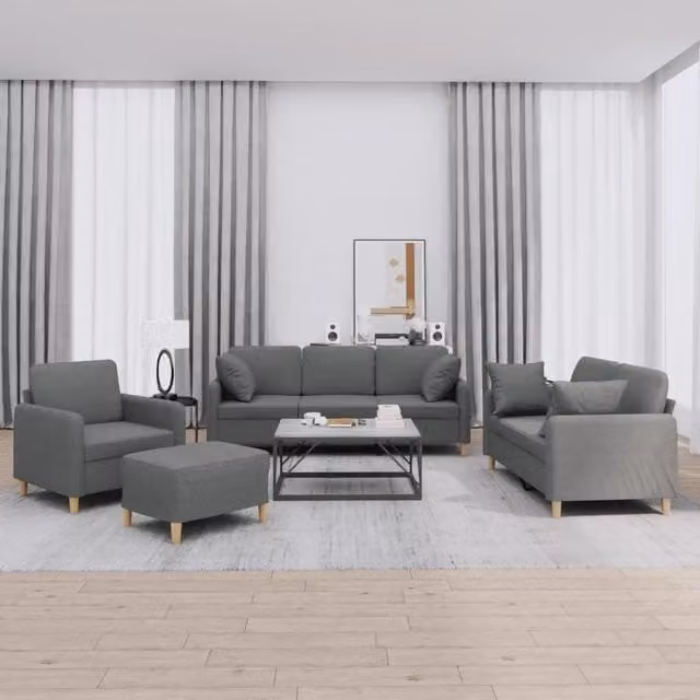 Set di divani moderno vidaXL in tessuto grigio composto da divano a 3 posti, divano a 2 posti, pouf e cuscini per il tuo soggiorno – 1