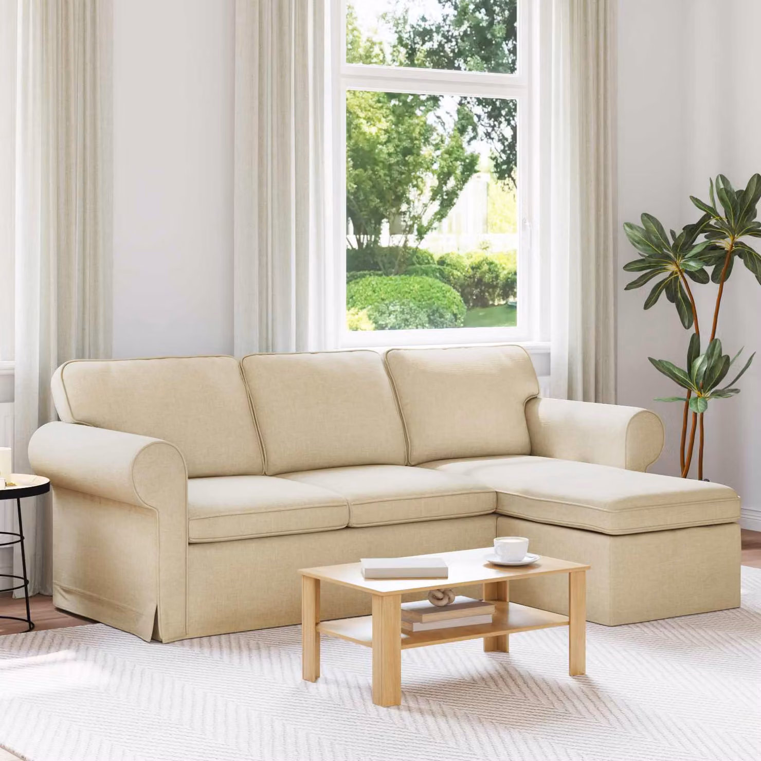 Divano angolare beige vidaXL con rivestimento in tessuto e struttura in metallo L/P/H: 215 x 138 x 80 cm – 1