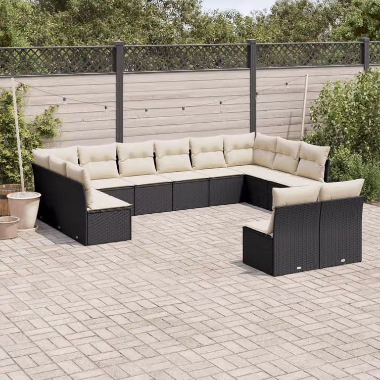 Set di divani da giardino vidaXL a forma di U composto da 12 pezzi in polyrattan nero con cuscini inclusi
