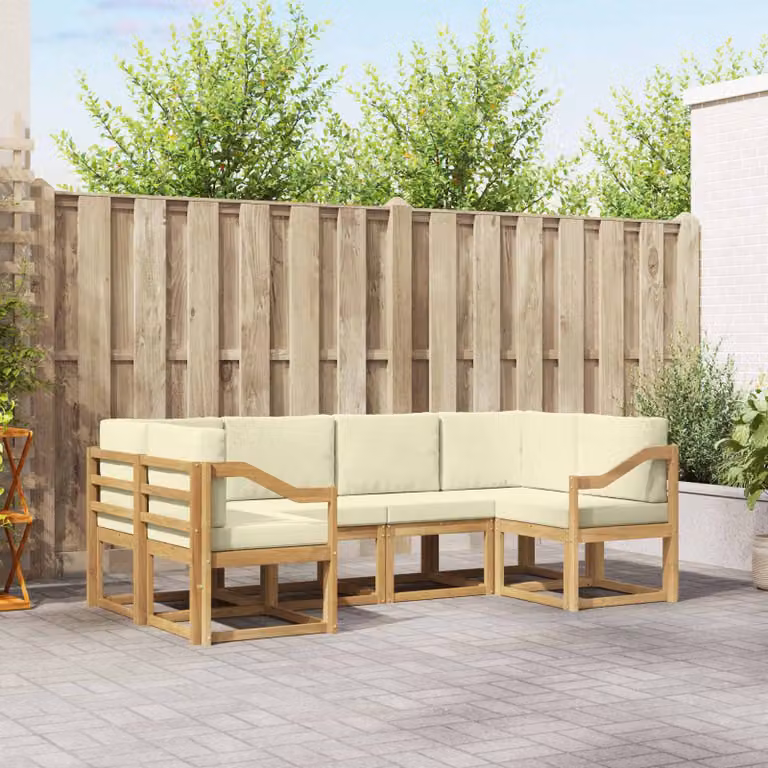 Set di divani da esterno vidaXL a forma di L composto da 6 pezzi in legno di acacia con cuscini in bianco, beige e marrone