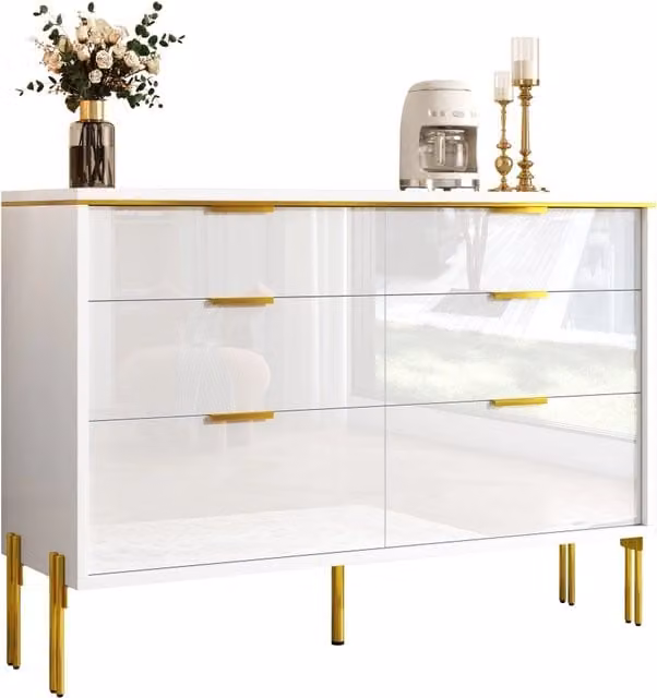 Madia moderna con 6 cassetti e frontali lucidi per soggiorno, sala da pranzo o ingresso, colore bianco, L: 120 cm, P: 40 cm, H: 85.5 cm