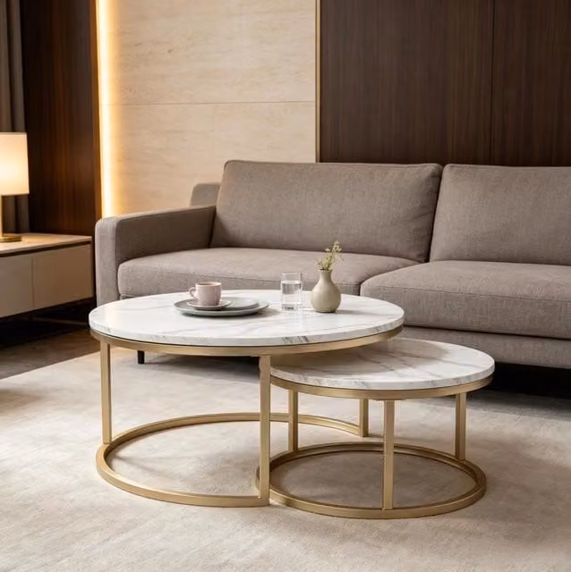 Set di 2 Tavolini da Salotto Rotondi con Piano in MDF Effetto Marmo Bianco e Struttura in Metallo