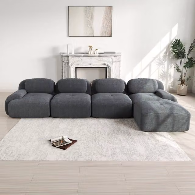 Divano angolare 4 posti con chaise longue ¨C Minimal ¨C grigio tessuto imbottito braccioli larghi