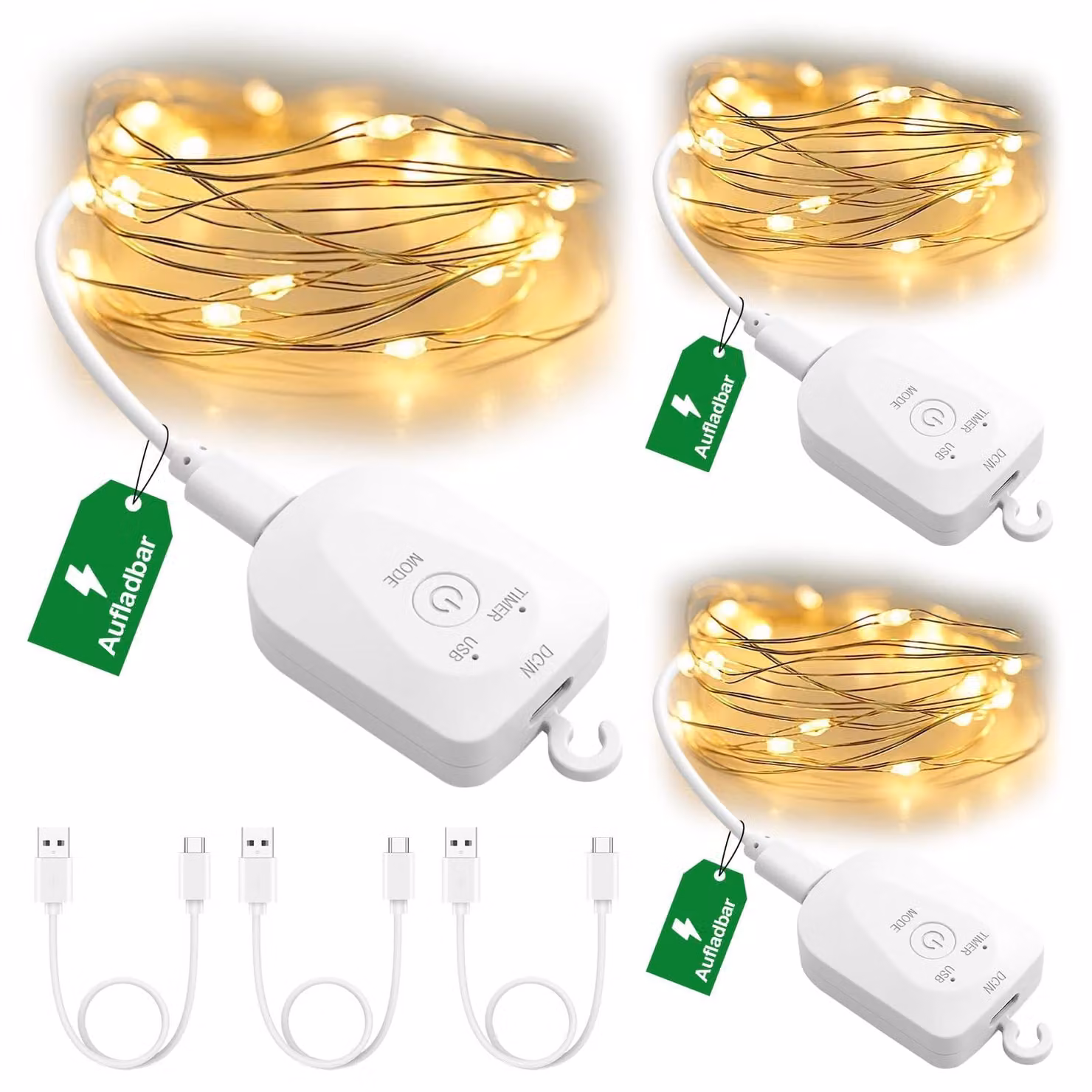 Catena luminosa a LED, 2 metri, 20 LED, luce bianco caldo, alimentazione USB, 8 modalità, confezione da 3