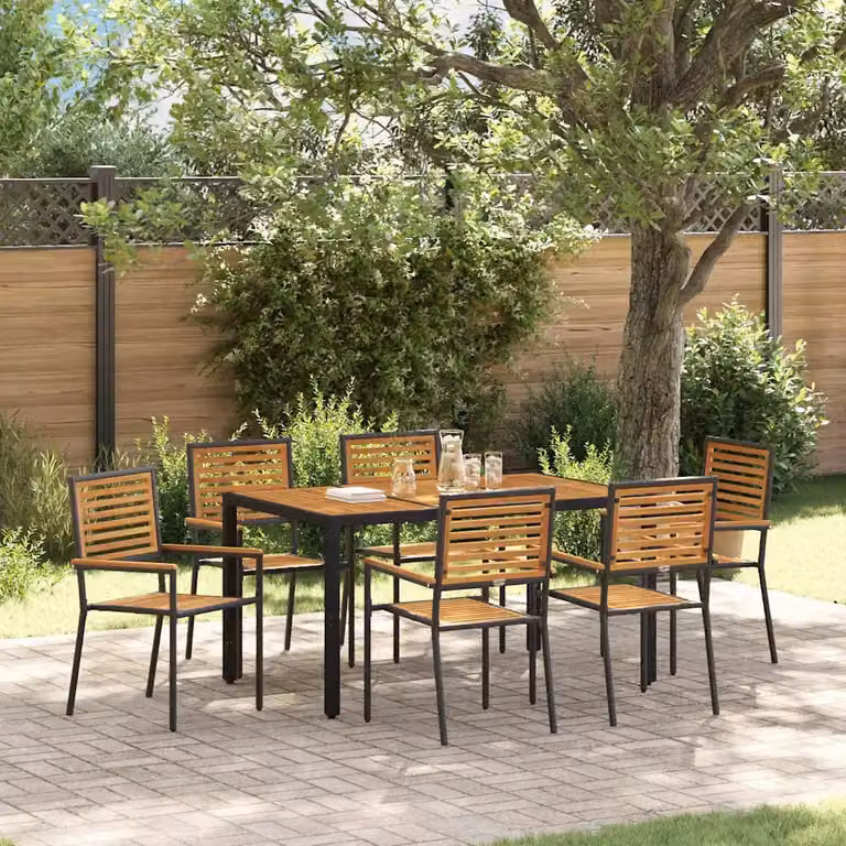Set da pranzo per giardino e terrazza vidaXL in polyrattan da 7 pezzi, colore nero e marrone, con tavolo rettangolare in legno di acacia