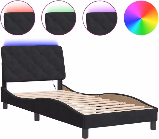 Letto singolo moderno in velluto nero con illuminazione LED sottostante e porta USB, L 80 cm x P 200 cm – 1