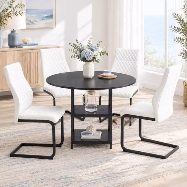 Set da pranzo MIVRAY composto da tavolo rotondo in MDF e metallo nero e 4 sedie in similpelle bianca, L: 120 cm, H: 75 cm