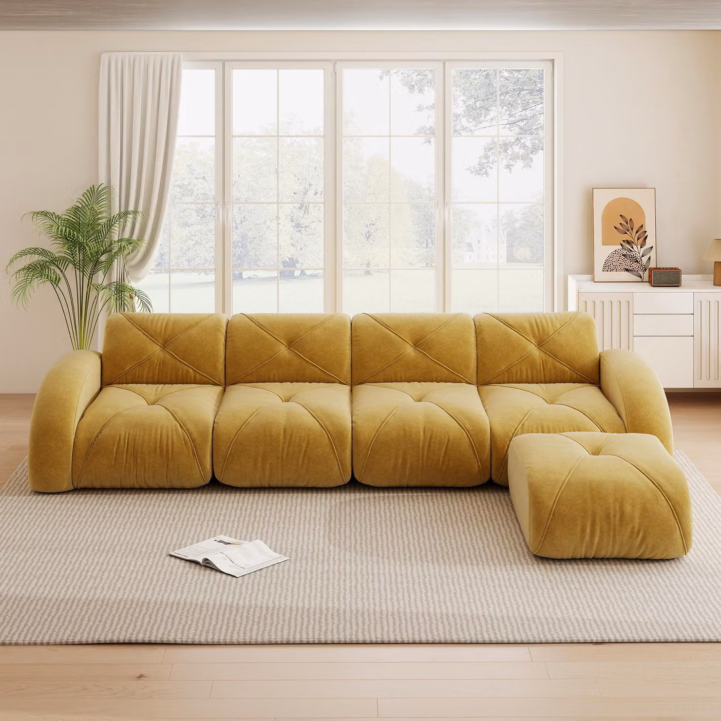 Divano angolare a forma di L, giallo, divano modulare per 4 persone, rivestito in chenille, con poggiapiedi, dimensioni 358x171x76 cm, antiscivolo, non richiede montaggio.