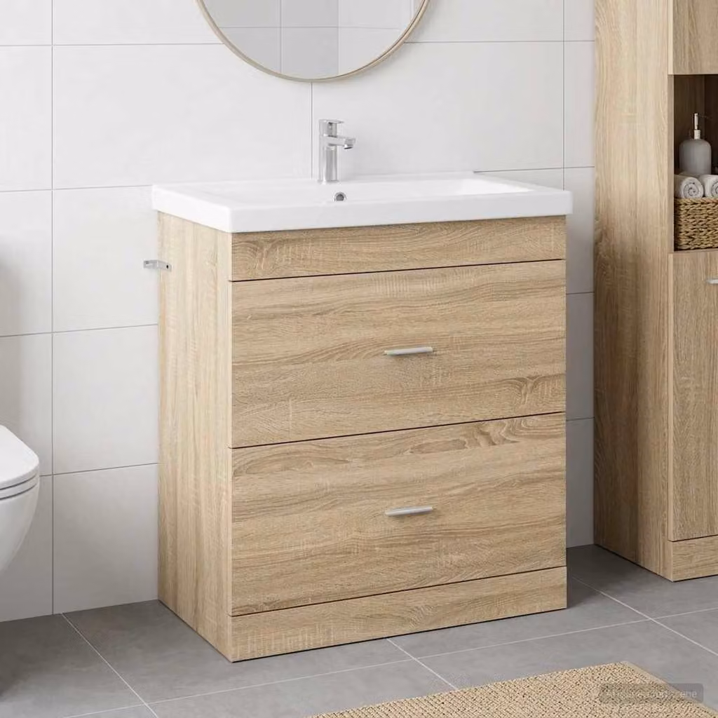 Mobiletto da bagno sottolavabo vidaXL in legno Rovere Sonoma marrone con cassetti e ante, L: 81,0 cm, P: 37,5 cm, H: 78,5 cm