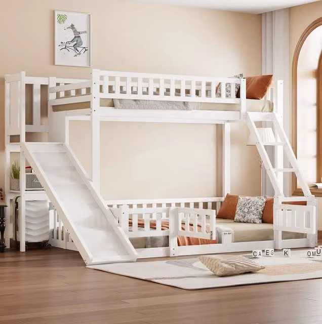 Letto a castello 90x200/140x200 cm bianco – scivolo e ripiani, senza materasso