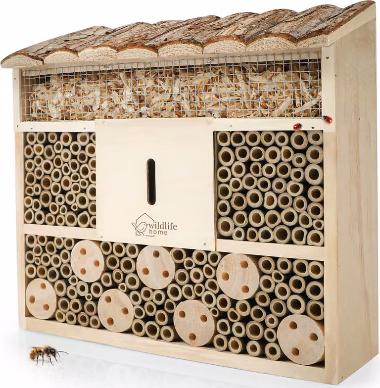 WILDLIFE HOME Casa delle api Casa degli insetti con tetto in corteccia I Non trattata, casa delle api in legno massiccio per api, coccinelle e lucciole, casa degli insetti I Aiuto per il nido Casa degli insetti da appendere