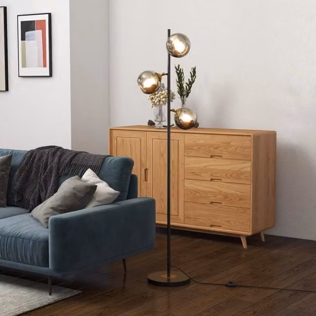 Lampada da Terra Minimal con 3 Paralumi in Vetro, Colore Nero e Grigio, H 162 cm, L 36 cm