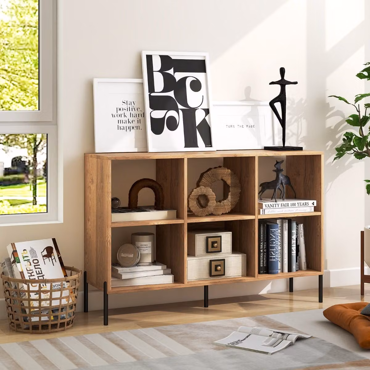 Scaffale a 6 cubi Costway con gambe in metallo e ripiani regolabili in legno, Libreria aperta moderna colore marrone