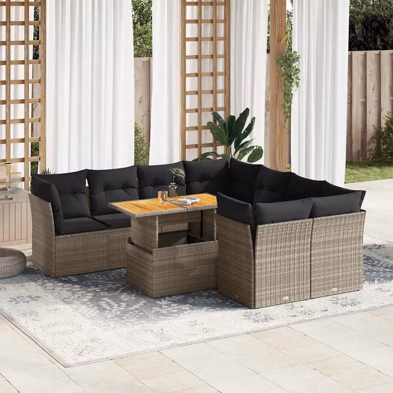 Set Divano da Giardino vidaXL 9 pz in Polyrattan Grigio con Cuscini e Tavolino da Esterno a Forma di L