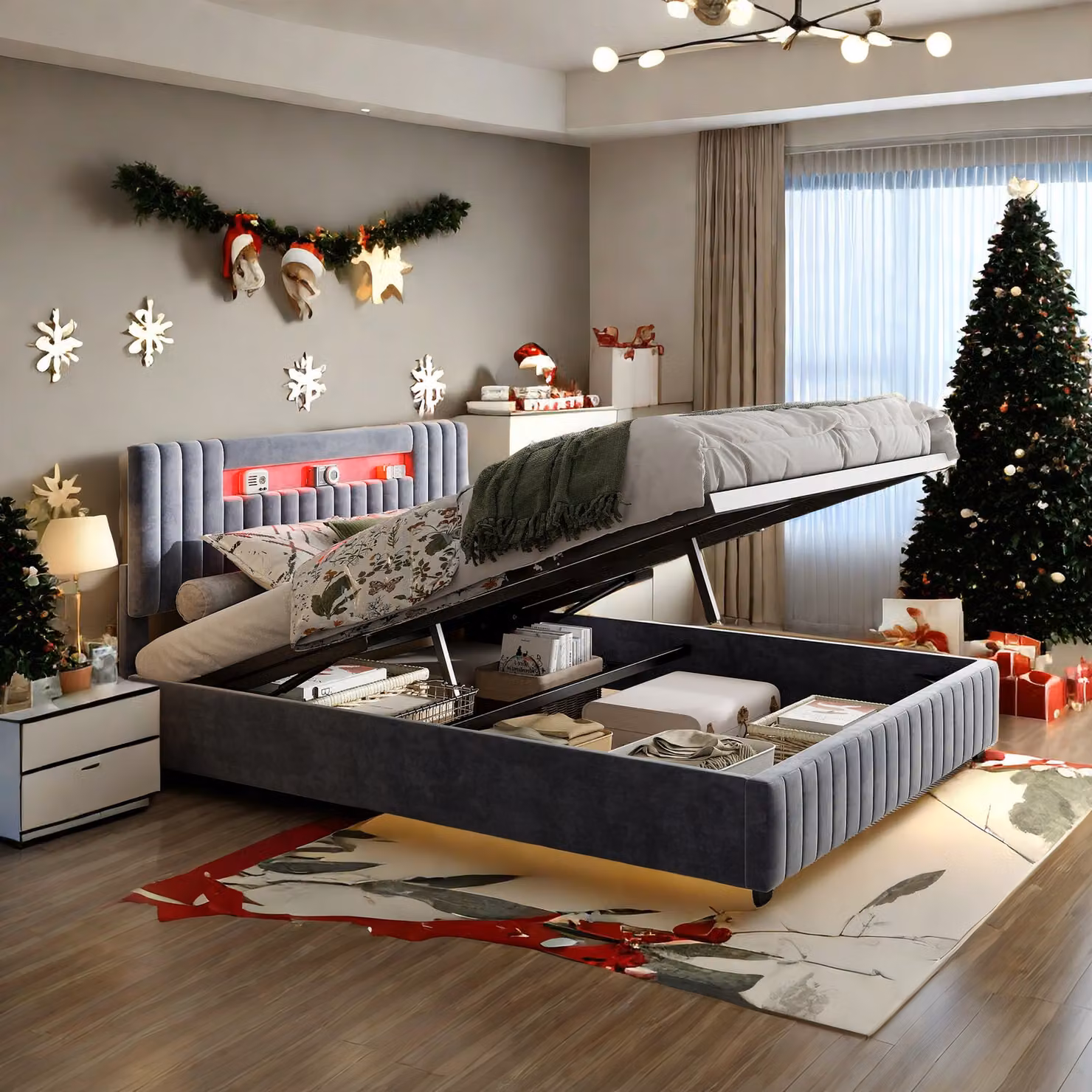 ProximaX Letto idraulico con contenitore, testata a LED, letto matrimoniale 160x200cm, grigio, velluto