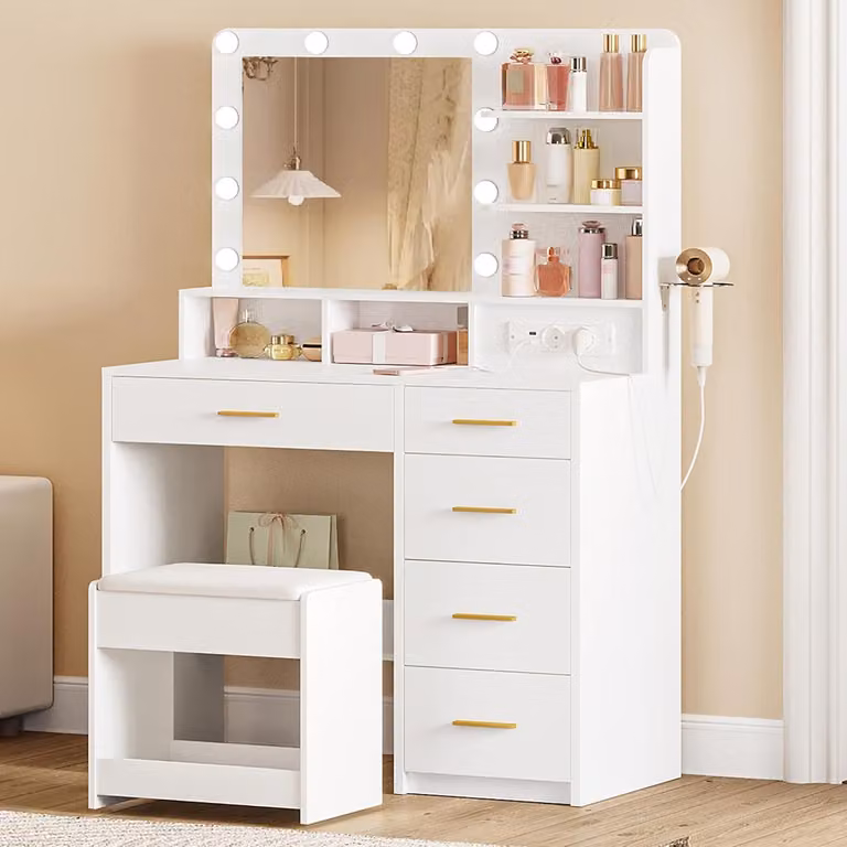 Comò da trucco con illuminazione LED a 3 colori, presa di corrente, sgabello, supporto per asciugacapelli e numerosi cassetti