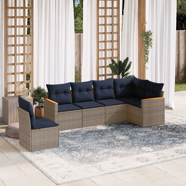 Set di divani da giardino vidaXL in rattan e metallo con cuscini, composizione a L per 6 persone, grigio e blu
