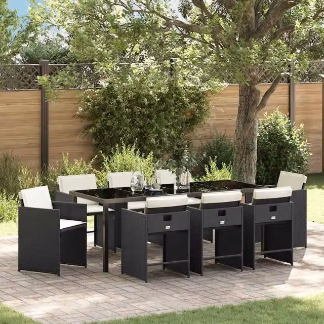 Set da pranzo per giardino e terrazzo vidaXL in polyrattan nero con piano in vetro e 9 pezzi – 1
