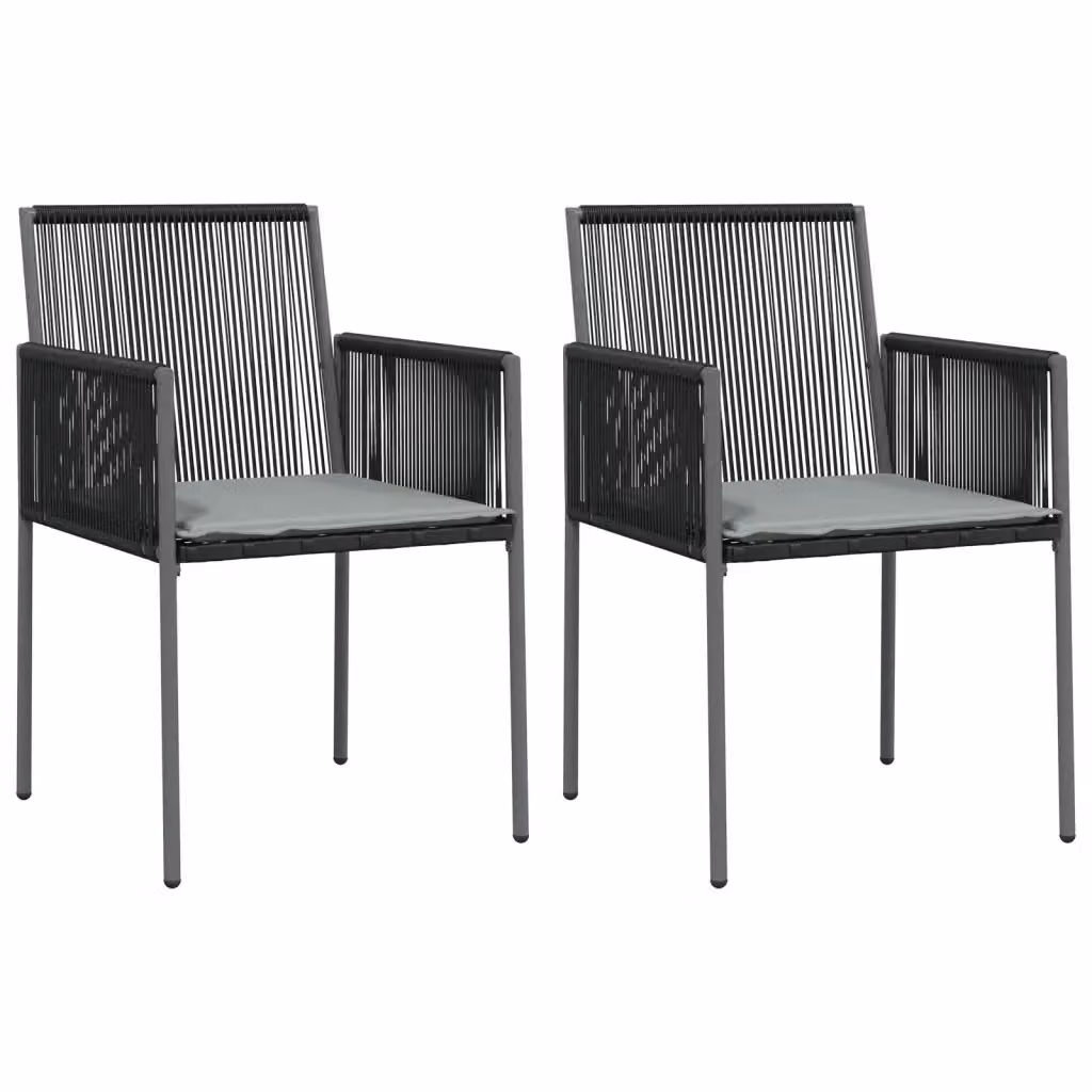 Set di 2 sedie da giardino vidaXL in polyrattan con cuscini, colore nero e grigio, con braccioli, L 54 cm x P 60,5 cm x H 83,5 cm