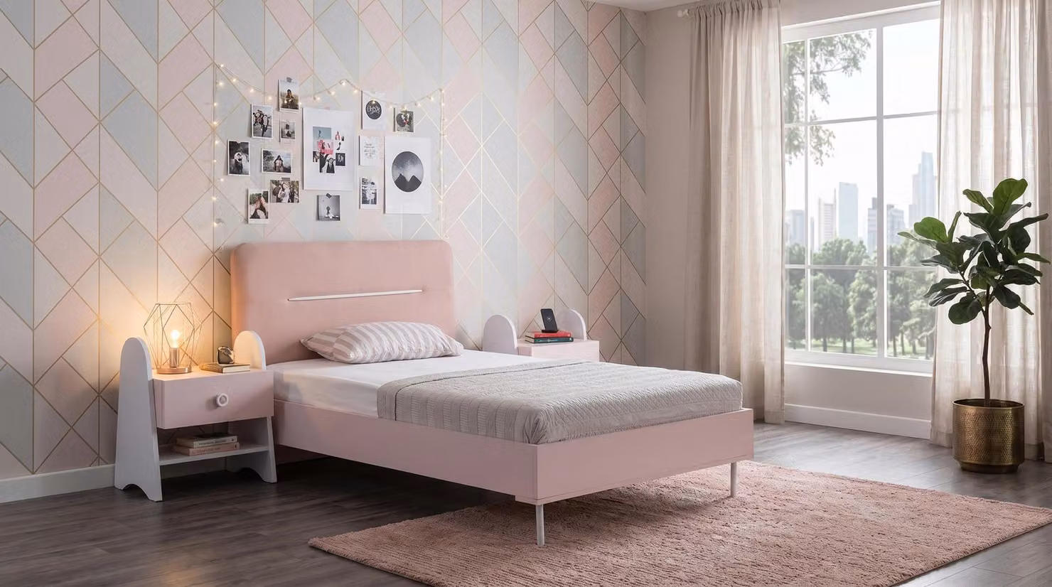 Camera da letto per adolescenti, colore bianco-rosa, con letto e comodini, stile moderno, ideale per ragazze