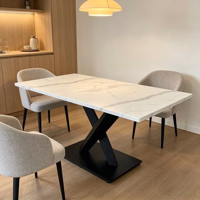 Tavolo da Pranzo Rettangolare ¨C MINIMAL ¨C Bianco Effetto Marmo, Piano MDF, Gambe Metallo Nero