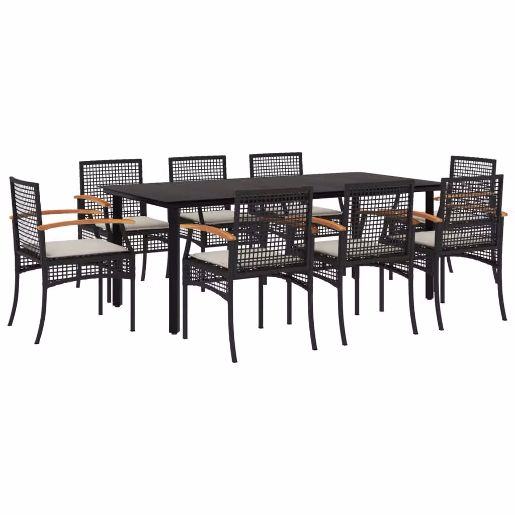 Set da Pranzo da Giardino 9 pz con Cuscini Nero in Polyrattan