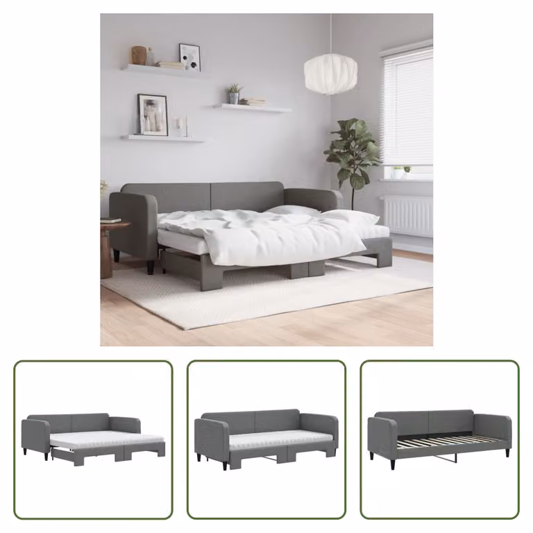 The Living Store Letto da giorno allungabile con materassi grigio scuro 90x200 cm in tessuto