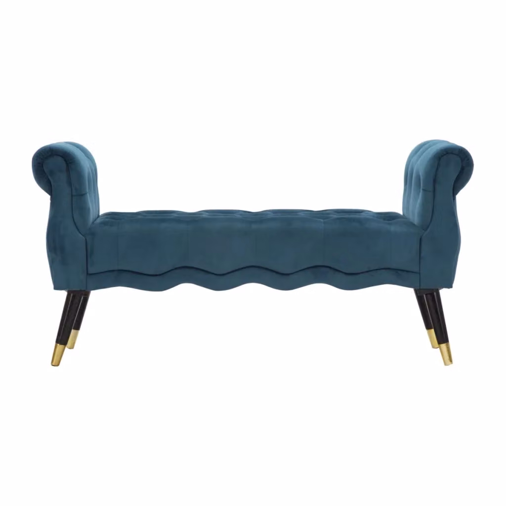 Panchetta Chesterfield Vikasa Home in velluto petrolio, nero e oro con dettagli in legno e metallo - L: 120 cm, P: 60 cm, H: 40 cm – 2