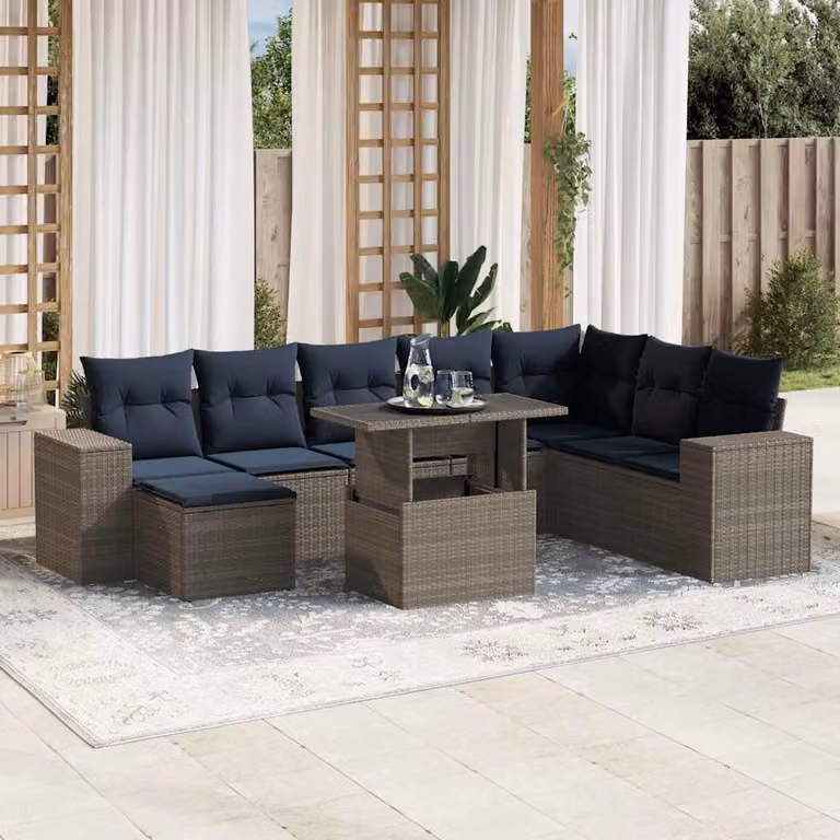 Set Divani da Giardino vidaXL 9 pz con Cuscini, Tavolino e Ottoman, Design Moderno a L, Colore Grigio e Blu