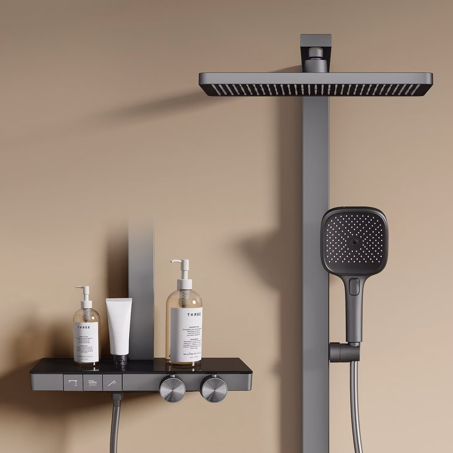 Sistema doccia EMKE con termostato, antracite opaco - Flusso d'acqua regolabile, doccia a pioggia 36x24 cm, doccetta con 4 getti