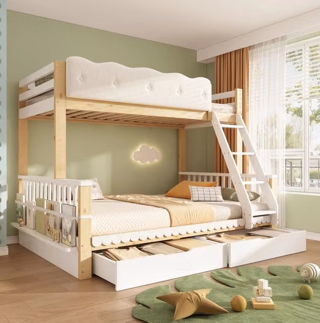 Letto a castello 90x200/140x200 cm bianco e rovere con cassetti