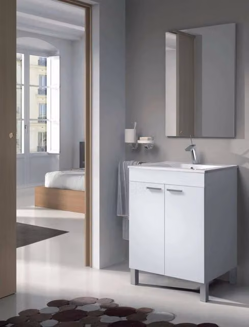 Mobile sottolavabo Abaco DMORA bianco lucido con 2 ante e specchio, L: 80 cm, H: 60 cm, P: 45 cm – 1