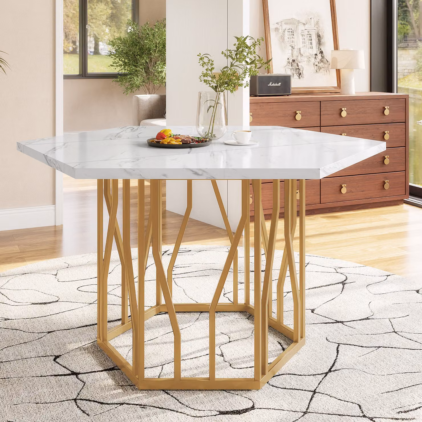 okwish: Tavolo da pranzo, tavolo da cucina con struttura in metallo a forma di ramo, tavolo in marmo adatto per la sala da pranzo e il soggiorno, bianco e oro